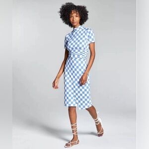 Ade Samuel for INC Womens XXXL Blue and White Checkered Knit Ruched Dress NWT